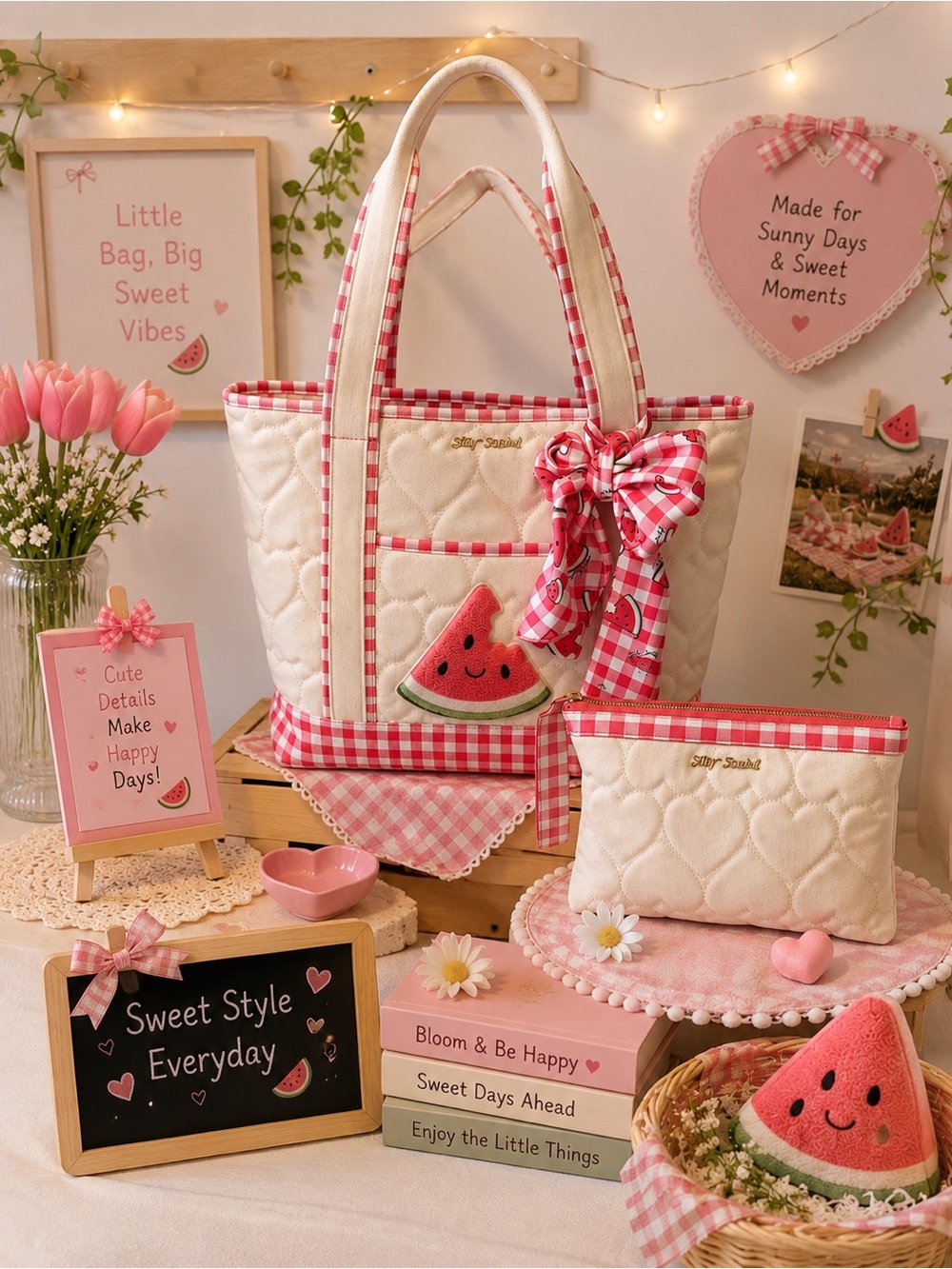 Betsey Johnson Watermelon Gingham Quilted Tote + Pouch Set ππ - Picture 2 of 10